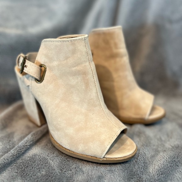 Qupid Beige Peep Toe Bootie with Ankle Strap - Picture 2 of 10